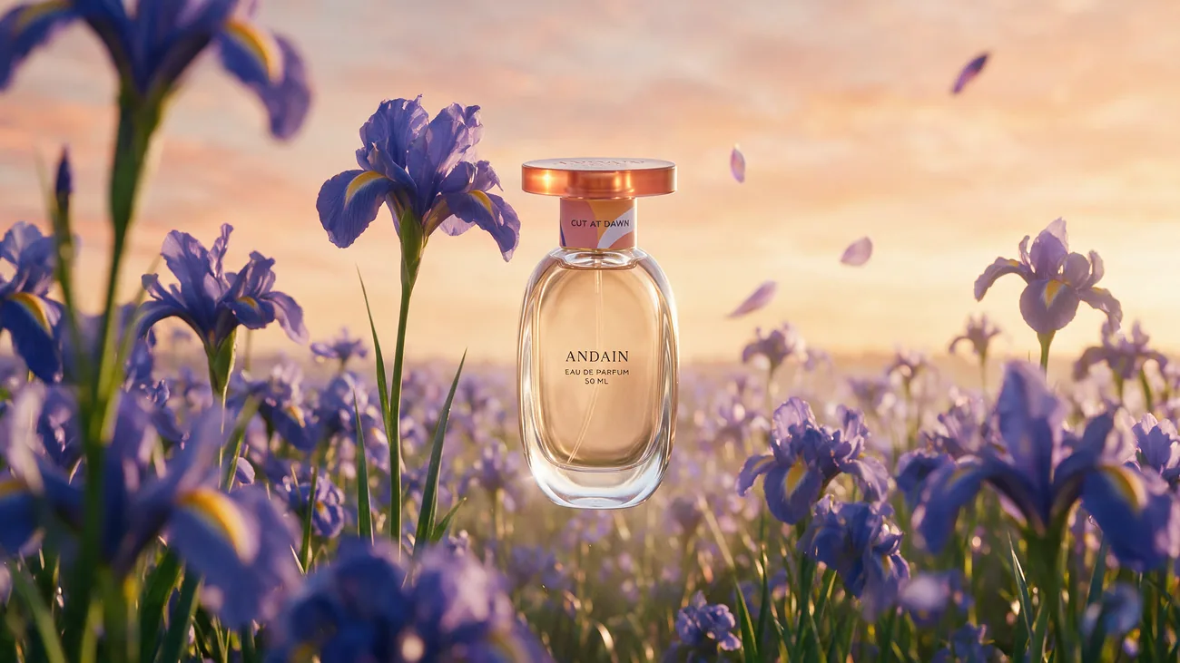 The bottle standing among the irises, low sun on the horizon behind.
