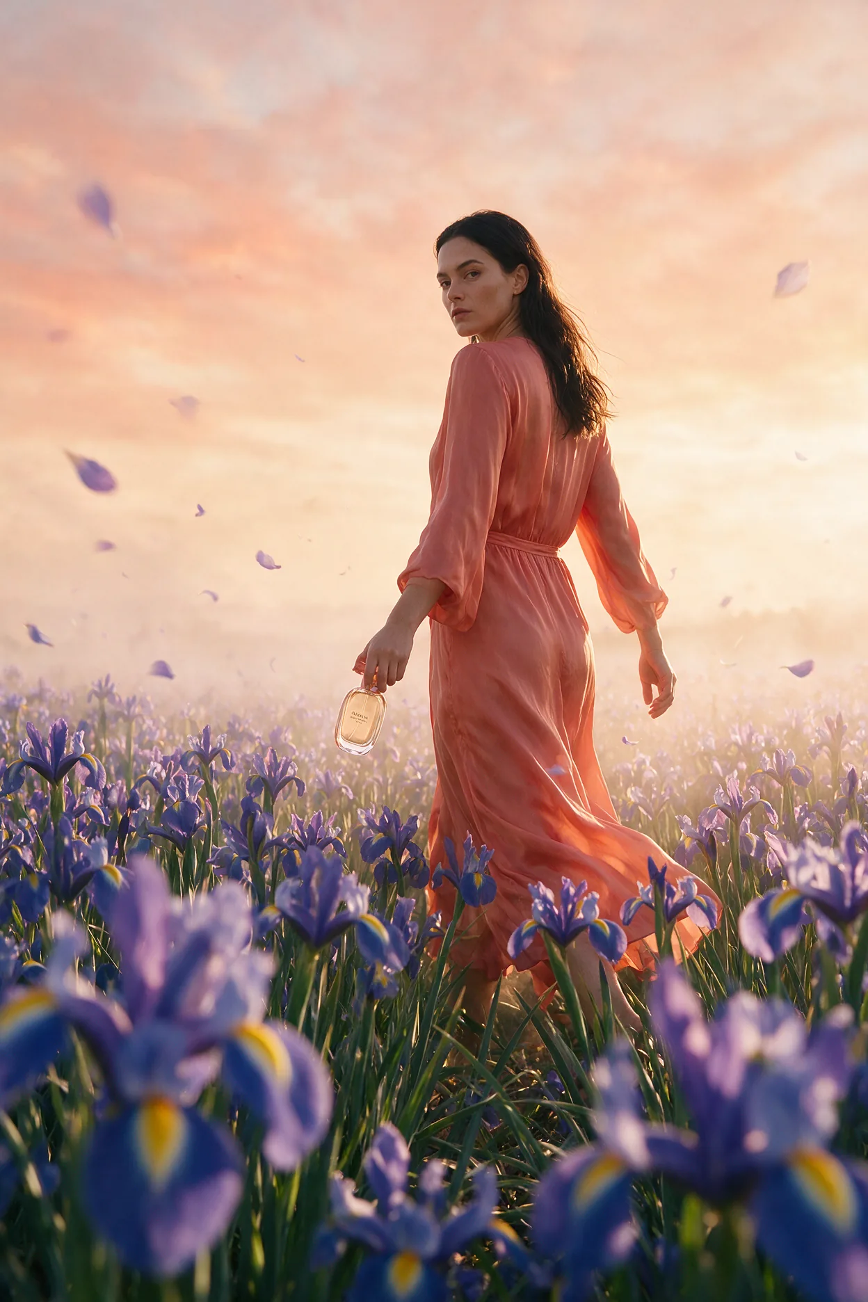 A woman in a coral dress walking through the iris field at dawn.