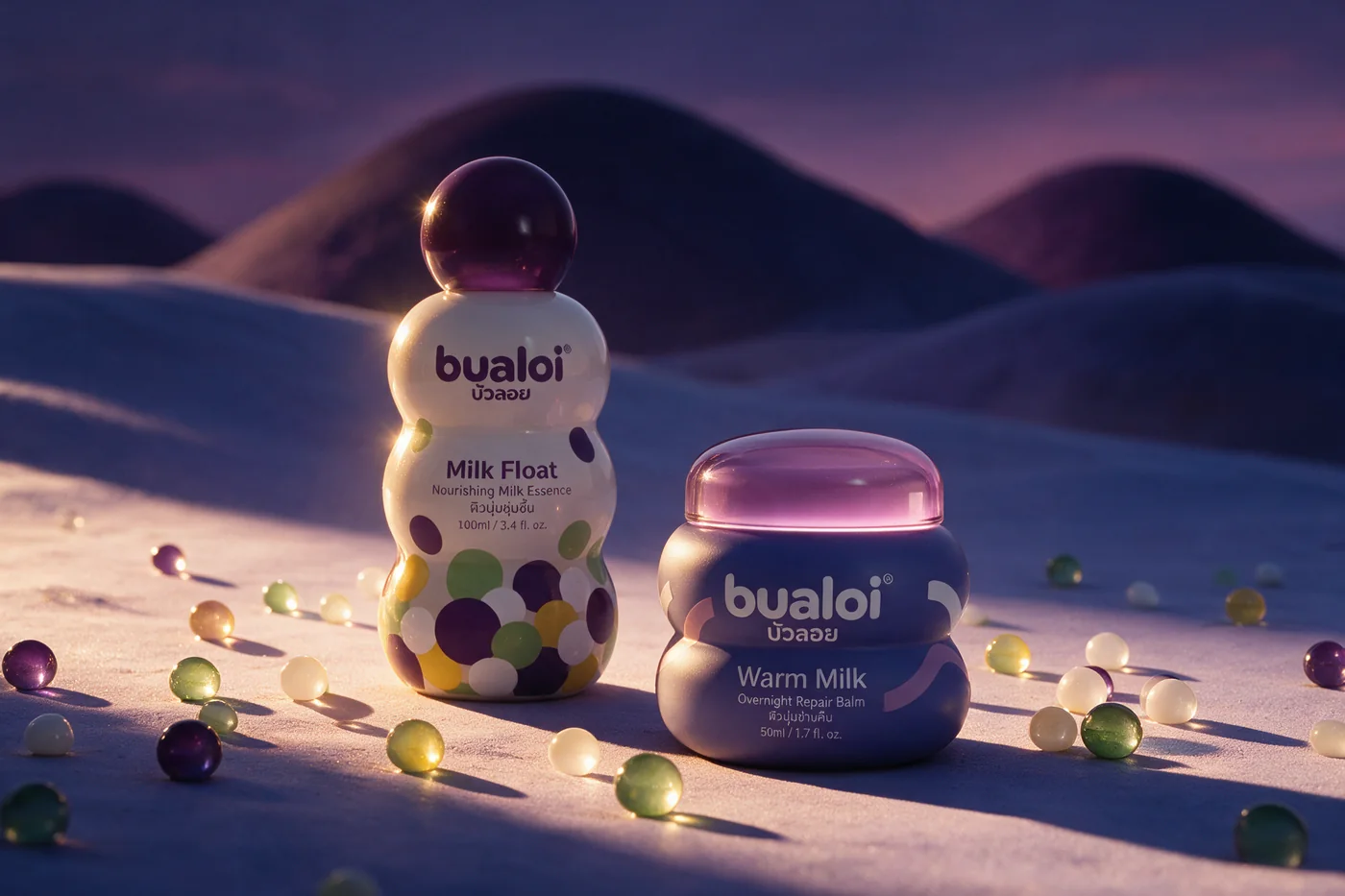 The products against violet dunes under a pale sky.