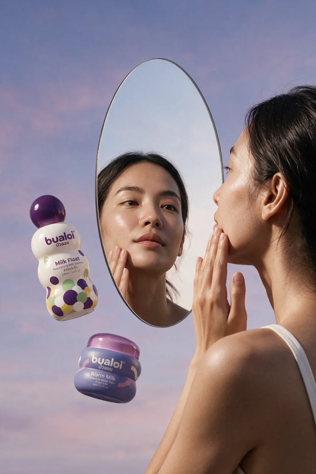 The model at a mirror, the two products floating beside her.