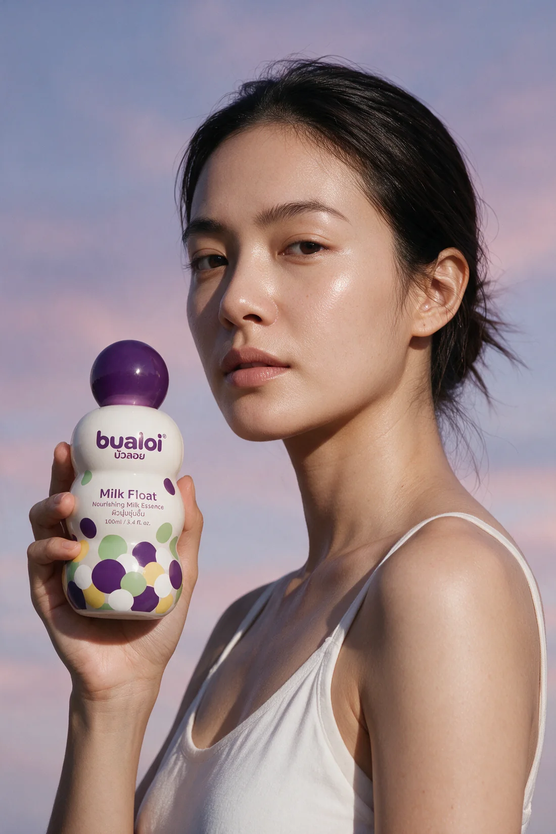 The model holding the Milk Float bottle, bare shoulder, wet hair.