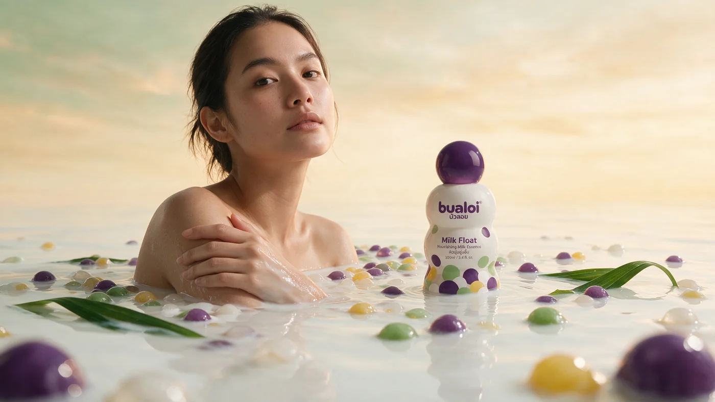 The model in a milk bath, the bottle beside her shoulder.