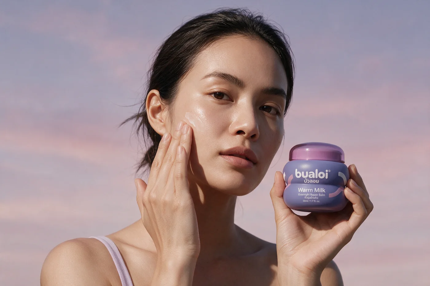 The model applying the balm, jar in hand.