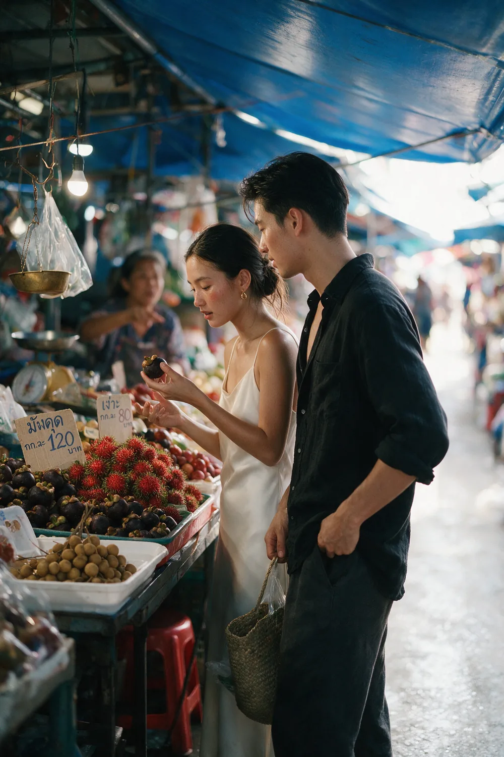 At a fruit stall in a covered morning market.