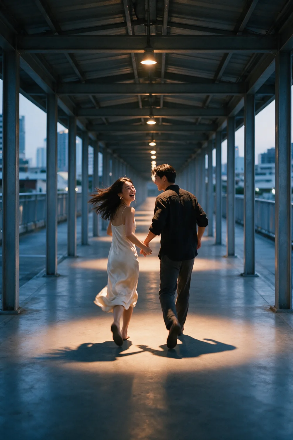 Running hand in hand down a lit skywalk.