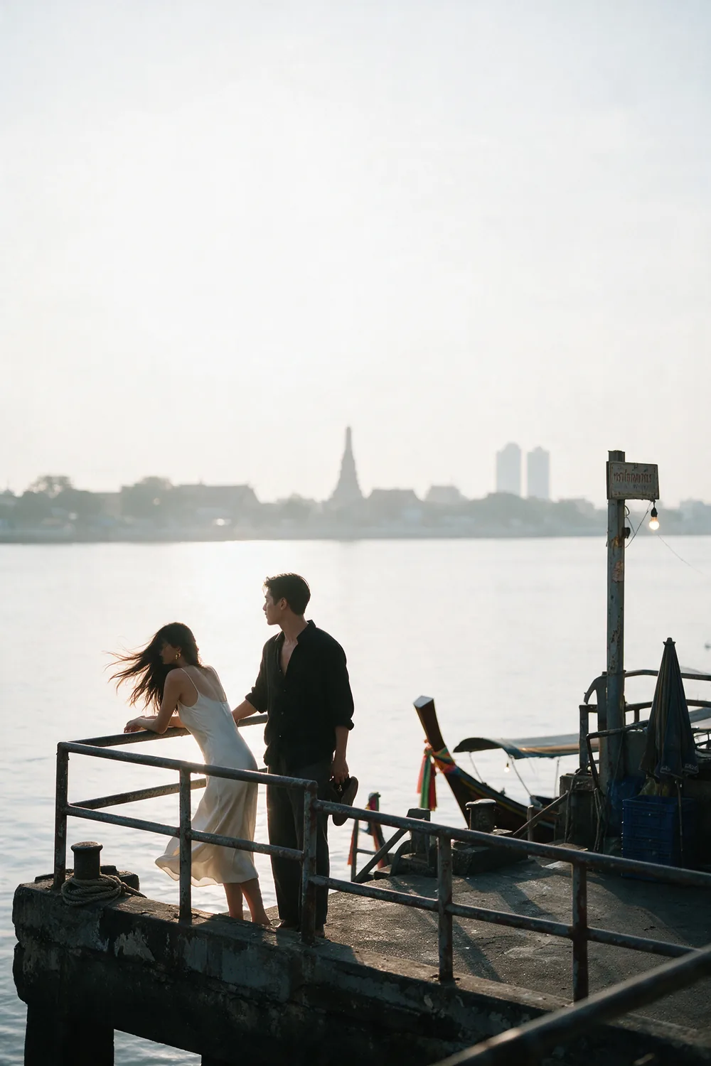 On a river pier at the end of the afternoon.