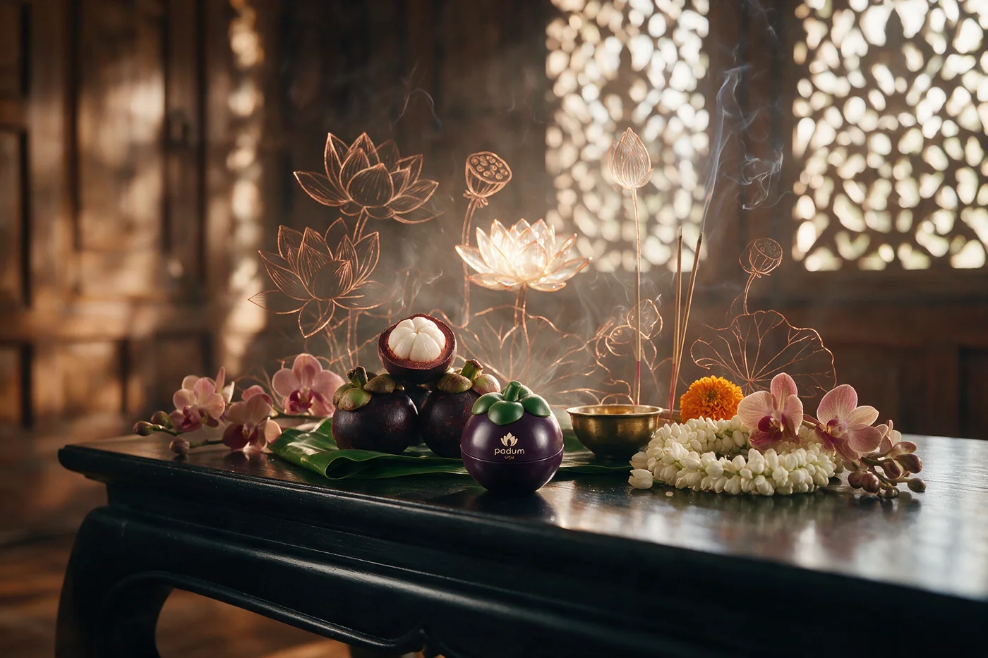 An offering table, incense and flowers, the inhaler among them.