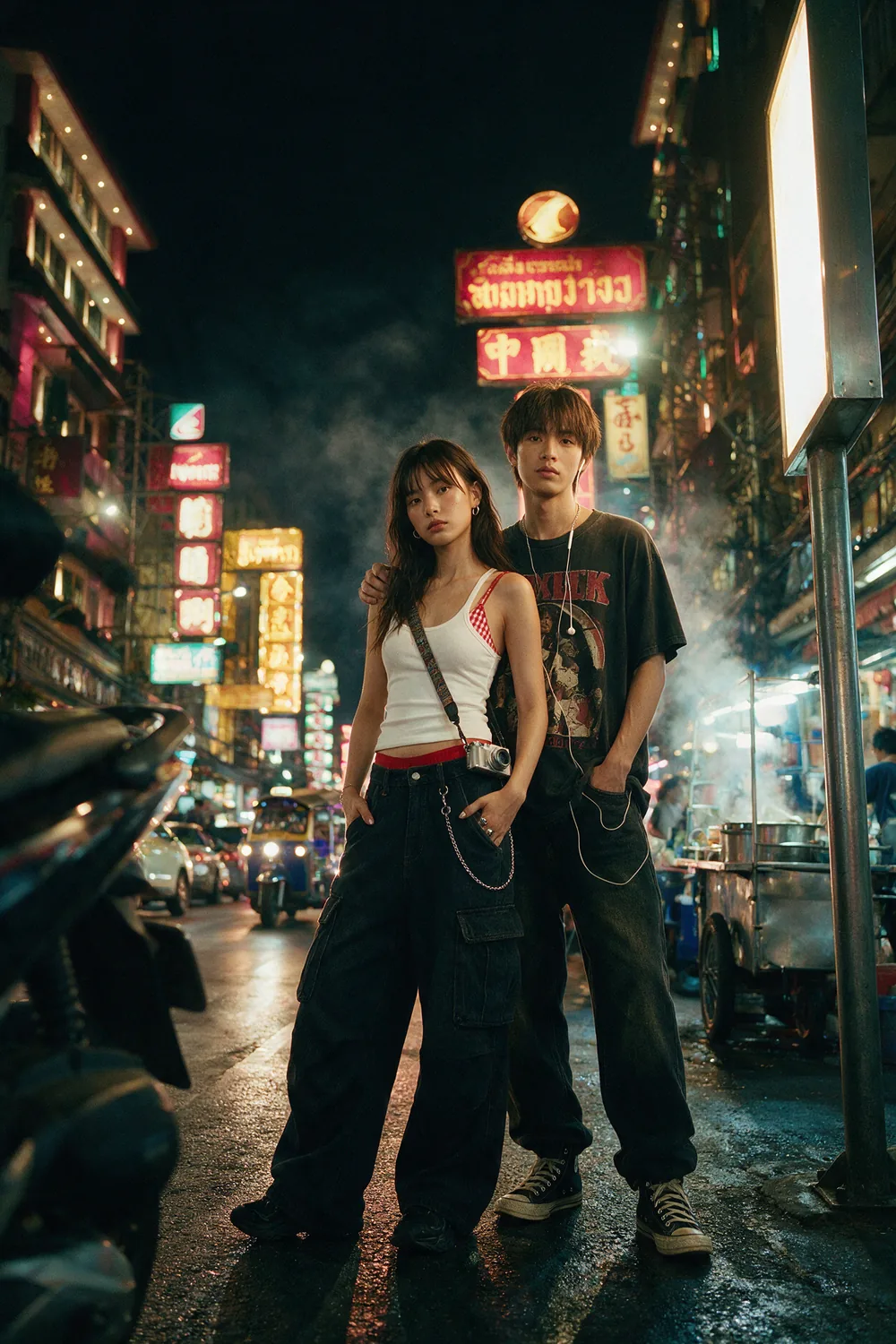 The couple crossing the avenue under the neon signs.