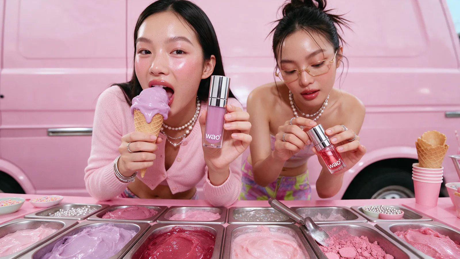 At the ice cream counter, lilac on lilac, the trays open below.