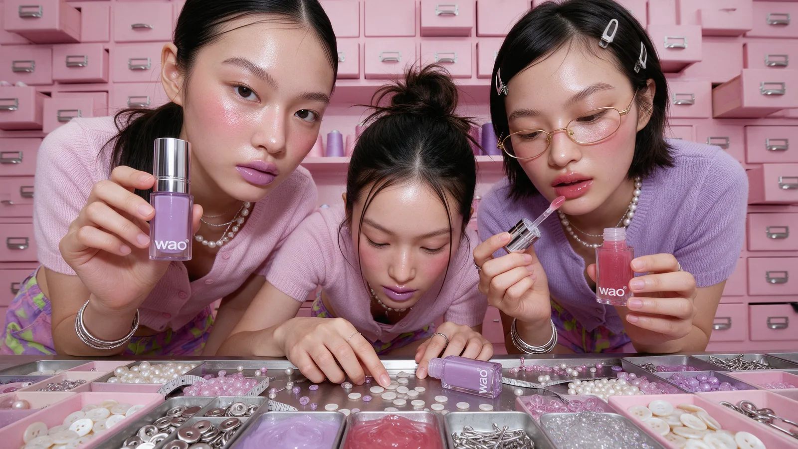 Three heads down over a tray of pearls and clasps.