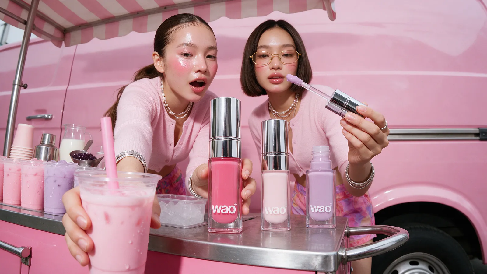 Bubble tea on the cart and the three shades standing beside it.
