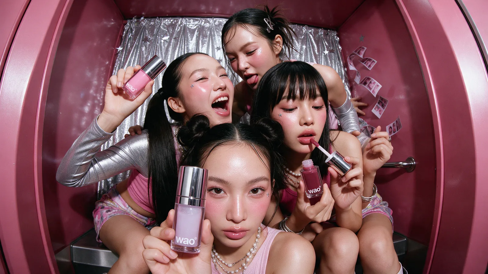Four of them piled into the drum of a washing machine, glosses up.